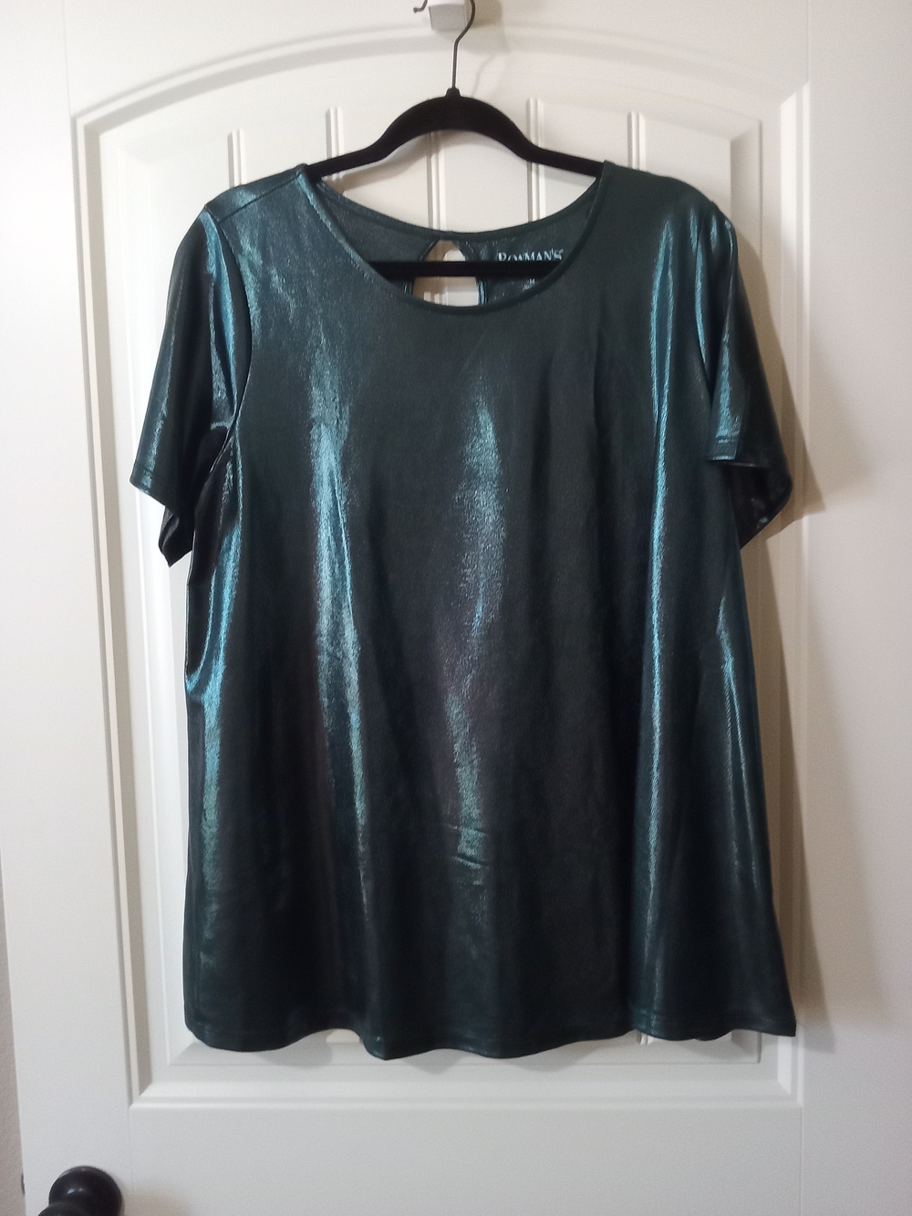 Roamans Shimmery Green Short-Sleeve Women's Swing Top Sz M 14/16
